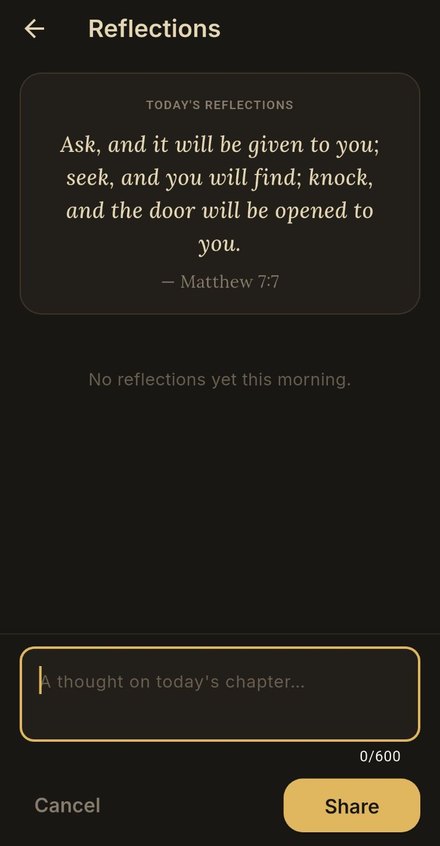 A group's reflections for the day, opening with Matthew 7:7, and a box to share a thought on today's chapter